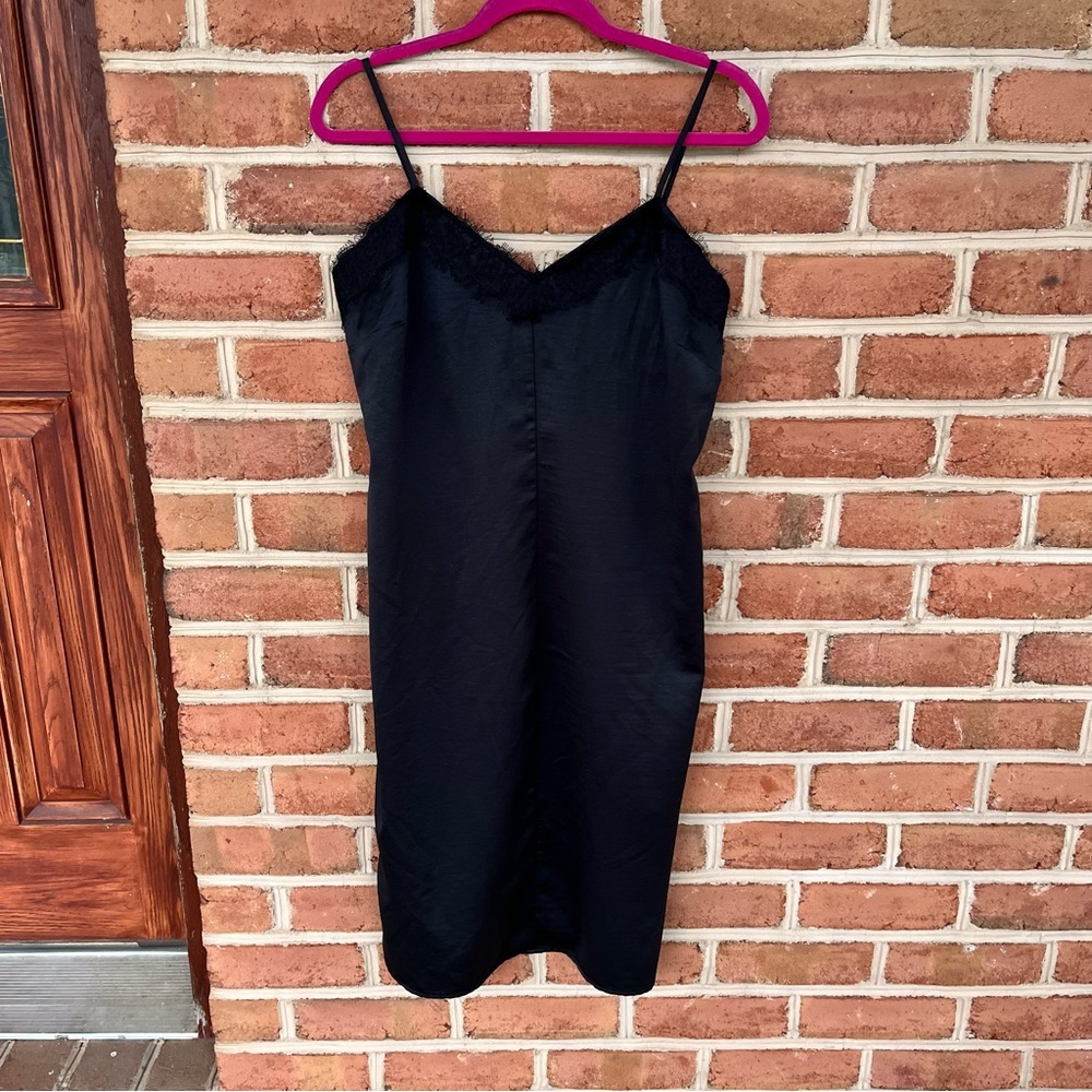 Sexy black fringed lace trimmed slip dress. size: medium